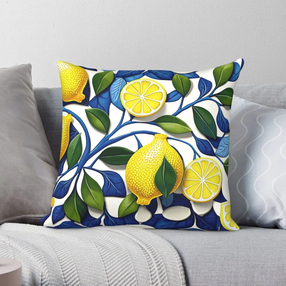 Mediterranean Lemons Mosaic Square Pillowcase Polyester Linen Velvet Creative Zip Decorative Pillow Case Home Cushion Cover 18