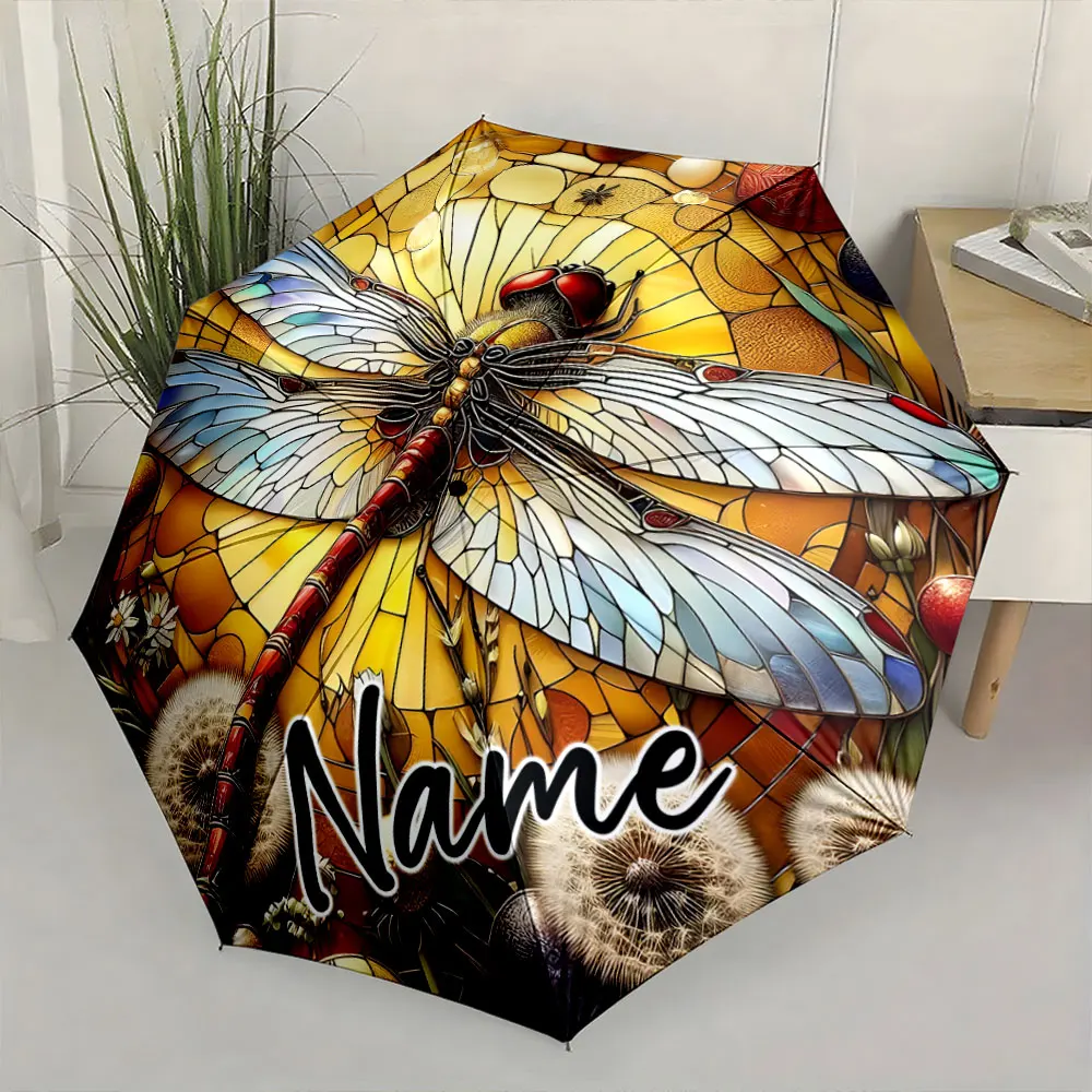 Custom Name Dragonfly Art on Colorful Umbrella 8 Iron Ribs Folding Umbrella Auto-Open Fashionable Sunshade Deluxe Gift