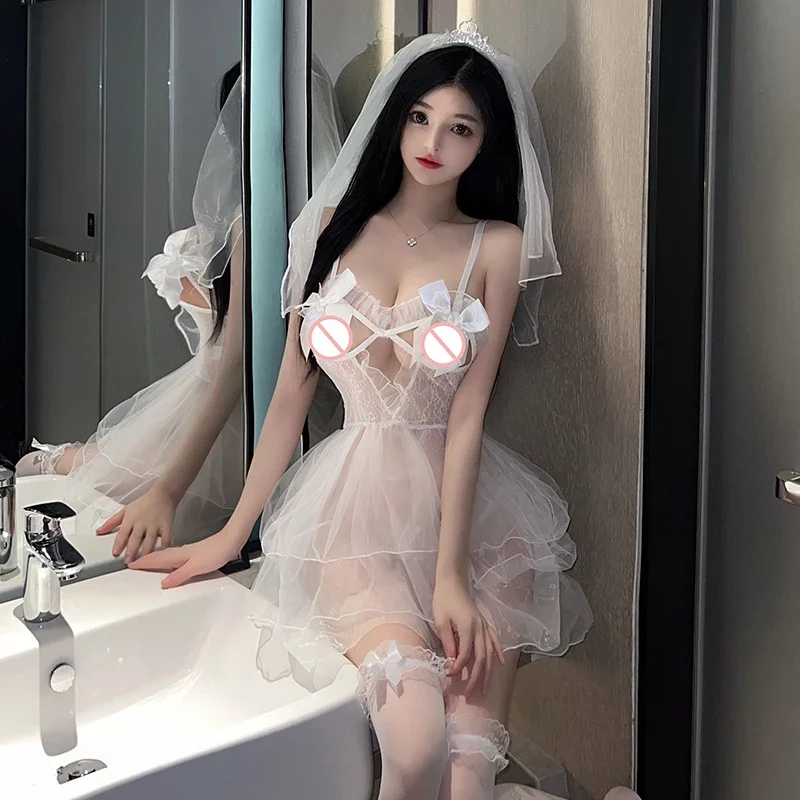 

Sexy Lingerie Cosplay Costume See Through Bride White Dress with Wedding Veil Pajama Suit Underwear Night Club Wear Women Girls