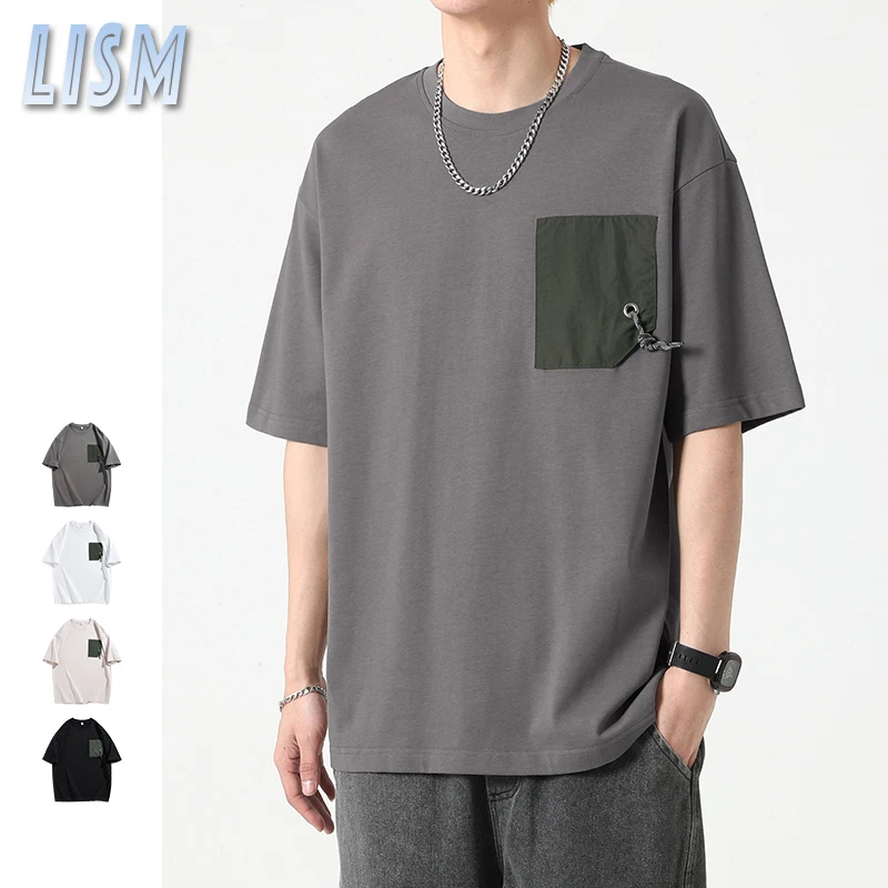 Hip Hop Loose Mens Streetwear T-shirts Casual Summer Short Sleeves Tshirt Solid Round Neck Pocket Tee Top Plus Oversized T Shirt