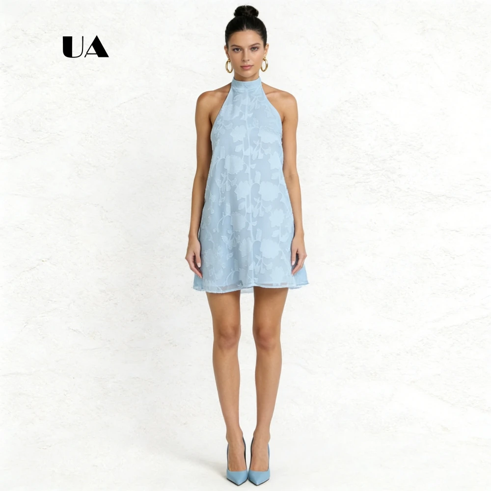 

ULBYANRY Lace A-line Mini Dress with Tie Turtleneck, Solid Sleeveless Evening Dress for Woman, Romantic Customized Party Gown