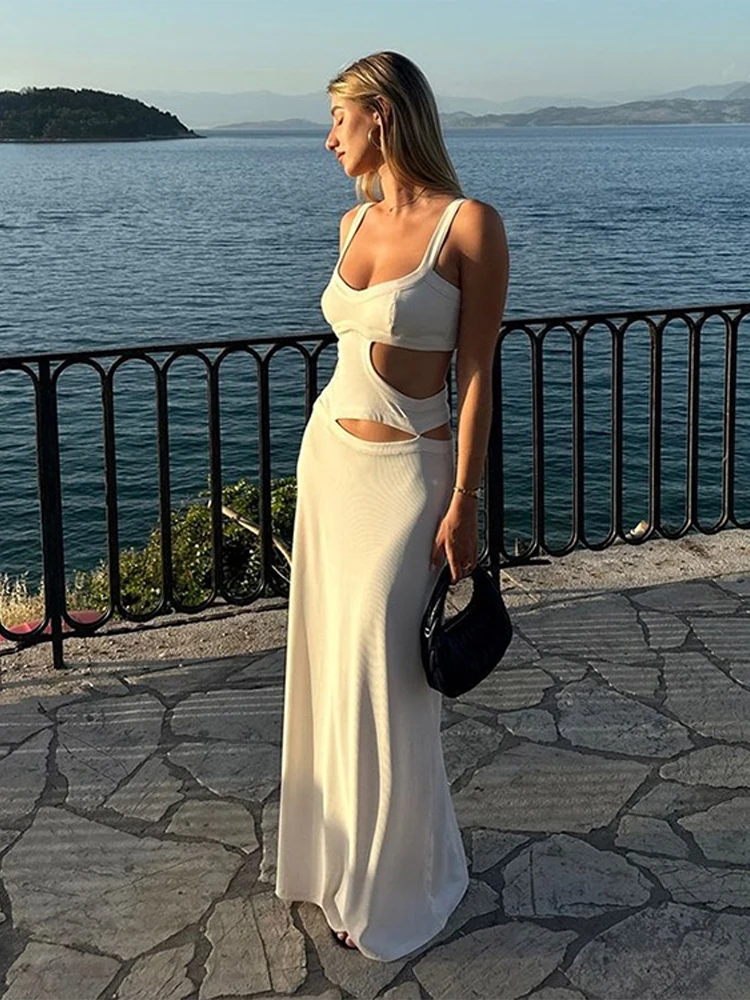 Abiti lunghi con scollo all'americana in vita ritagliata Abiti da sera da socialite Temperamento sexy Vacanza al mare Dimagrante Abito estivo da donna bianco