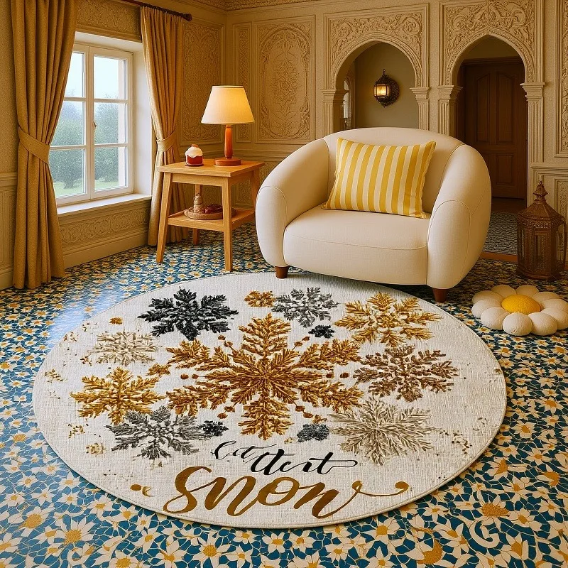 Let It Snow Text Rug cream gold black snowflakes script typography winter phrase design 80x80cm