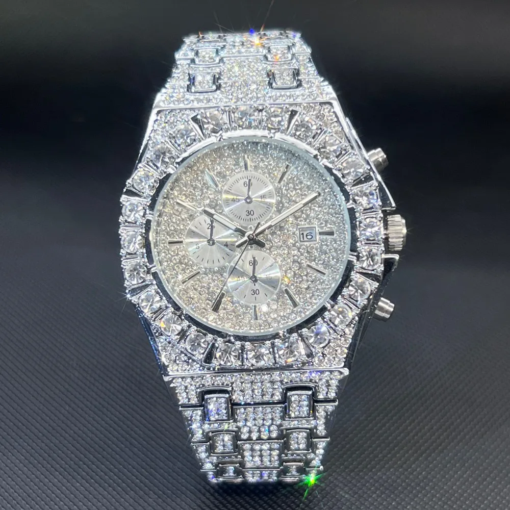 MISSFOX Hip Hop Diamond Watches For Men Fashion Automatic Date Quartz Clock Dress Jewelry Brand Wristwatch Man For Gift New 2026