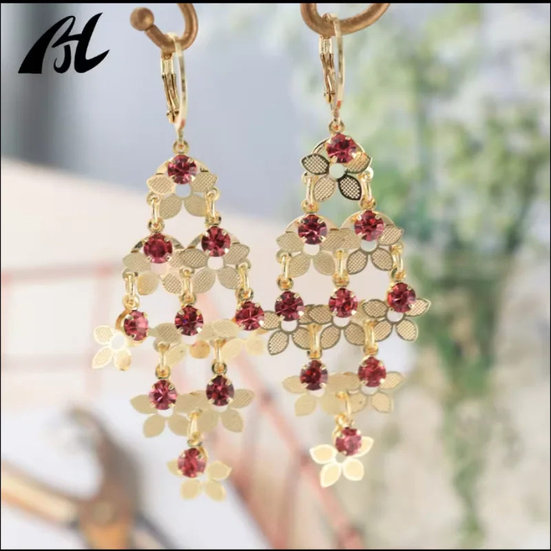 Hot Sale Exquisite Flower Ethnic Style Tassel Earrings Dangle Statement Colored Green Crystal Earring for Women Girl