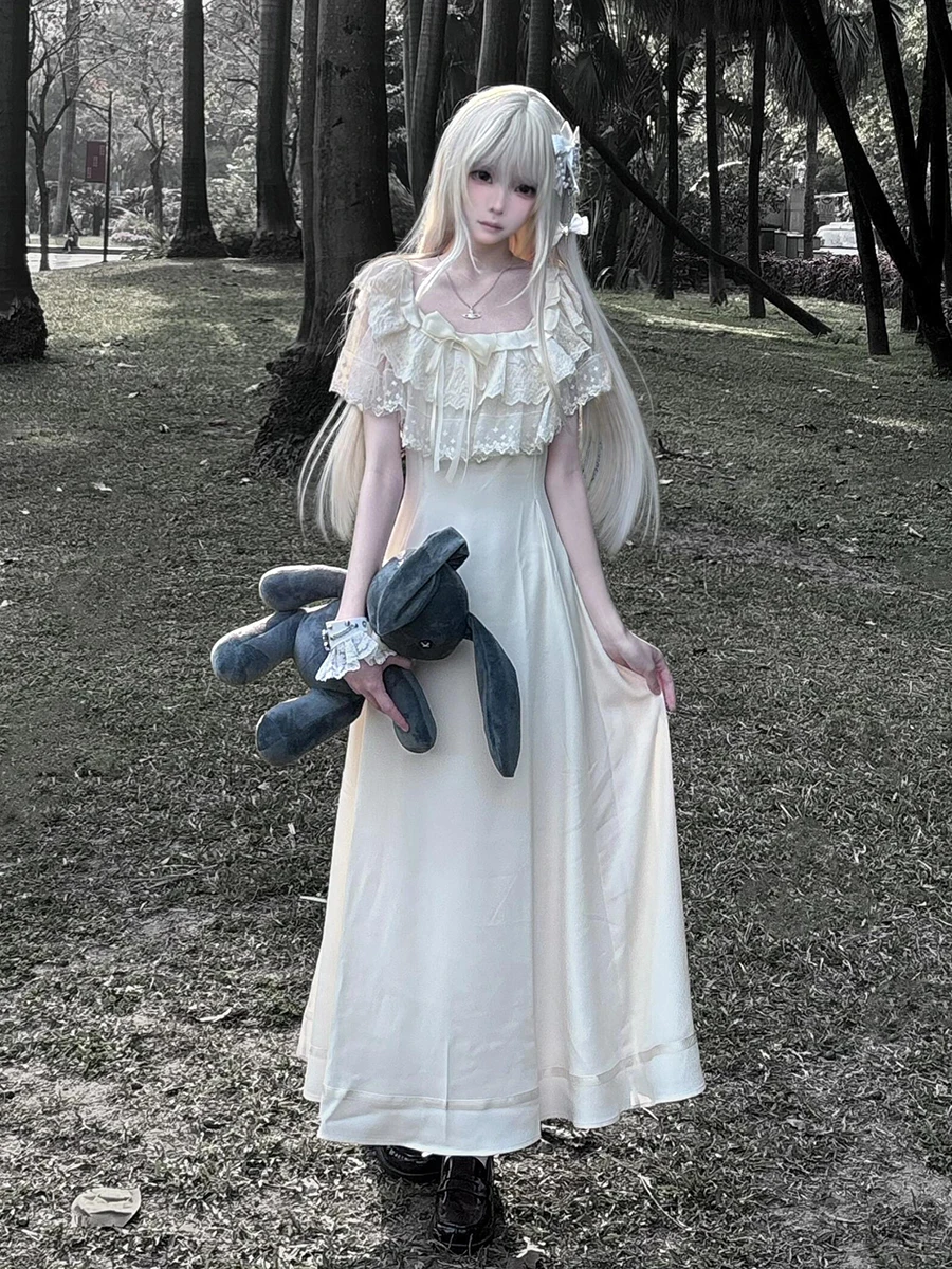 Reddachic babados tripulação pescoço feminino vestido longo lolita ponto laço arco rendas até mangas curtas plissados midi vestido longo roupas vintage