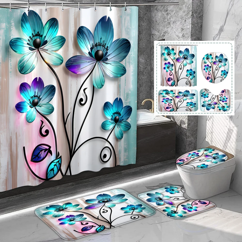 

1 set of blue colored floral printed polyester shower curtains, romantic and dreamy style, with plastic hooks and bathroom mats