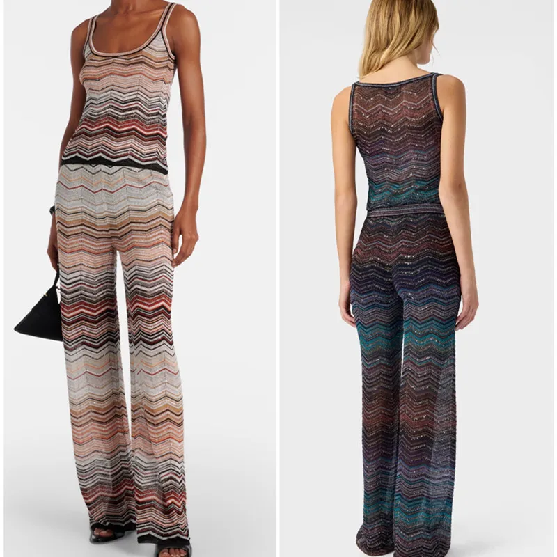 Women Chevron Metallic Sleeveless Top + Wide Leg Pants Set