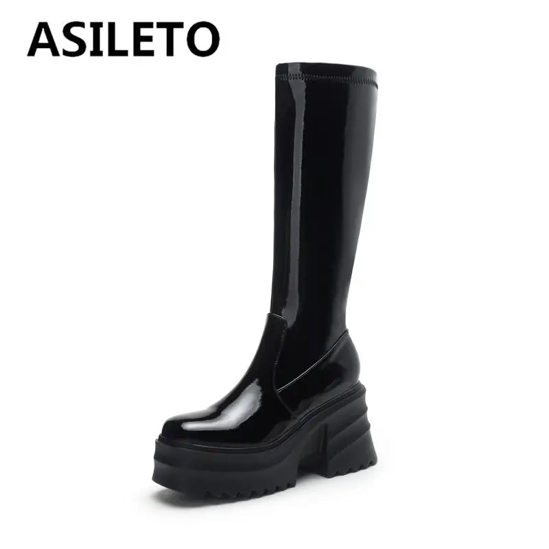 

ASILETO Stretch Women Knee High Boots Square Toe Chunky Heels 9cm Platform Hill Zipper Plus Size 42 43 Sexy Knee High Booties