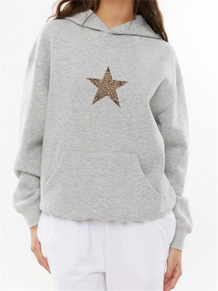 

Absobe Leopard Star Printed Loose Hooded Sweatshirt Women Contrasting Color American Street Casual Pullovers Fashion Streetwear