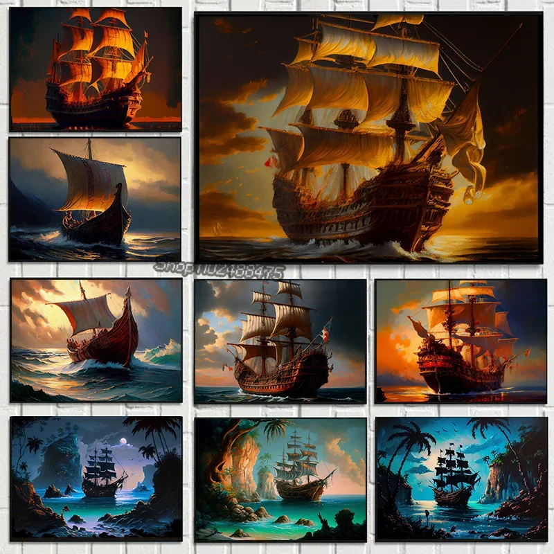 Vintage Spanish Galleon Pirate Ship Poster Boat Seascape Wall Art Canvas Painting Prints Pictures Home Living Room Decor Cuadros