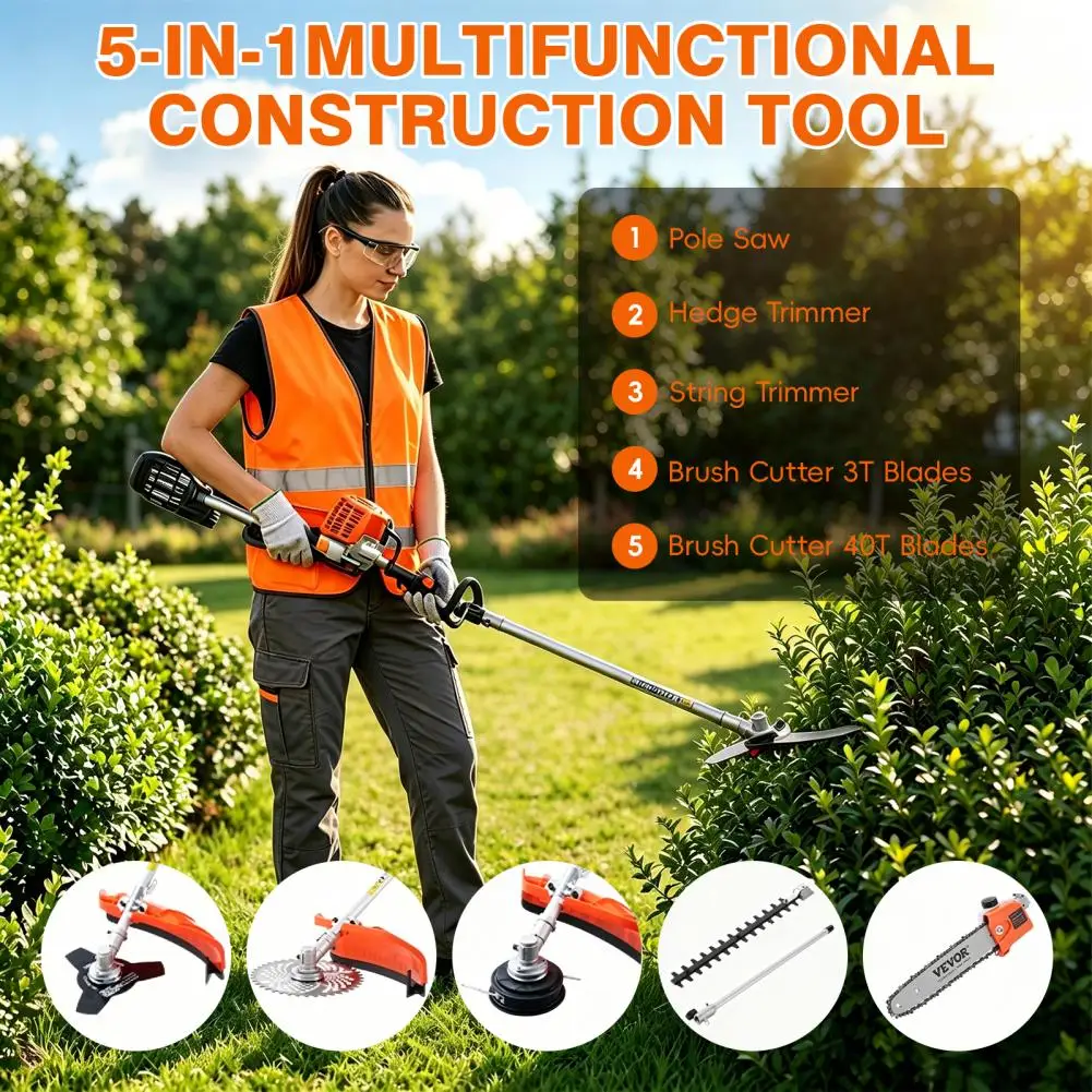 Cutting 5 in 1 Lawn Mower, 52CC Gas Grass Trimmer, Cordless Hedge Trimmer, 2-Stroke Brush Cutter, Handheld Chainsaw Hedge Pruner