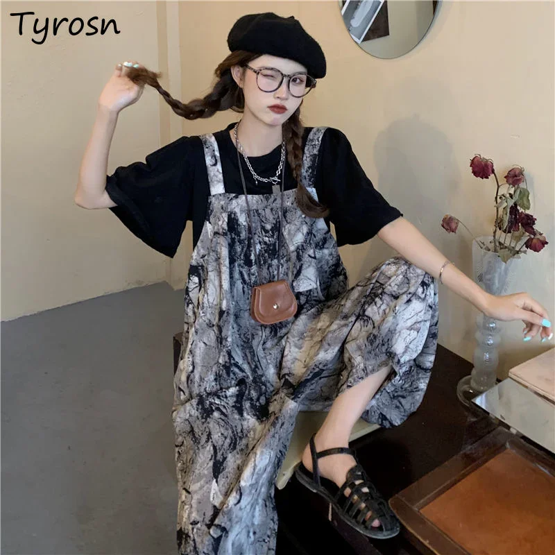 

Комбинезоны с принтом тай-дай, женские брюки до щиколотки, шикарный универсальный дизайн, японский стиль, Харадзюку, летние свободные модные винтажные повседневные комбинезоны