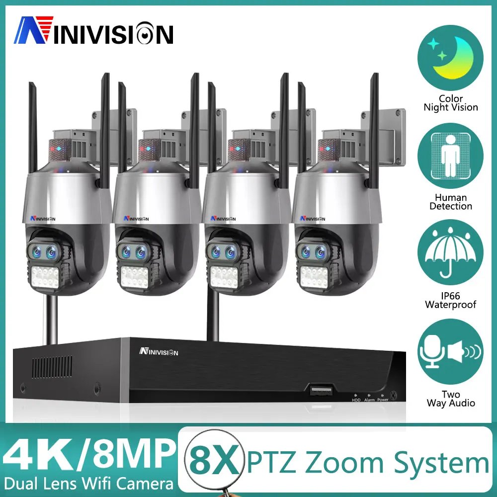 

4K Dual Lens 8MP ICsee Wireless CCTV System Two Way Audio 8X PTZ Zoom WIFI IP Security Camera 4CH NVR Video Surveillance Set Kit