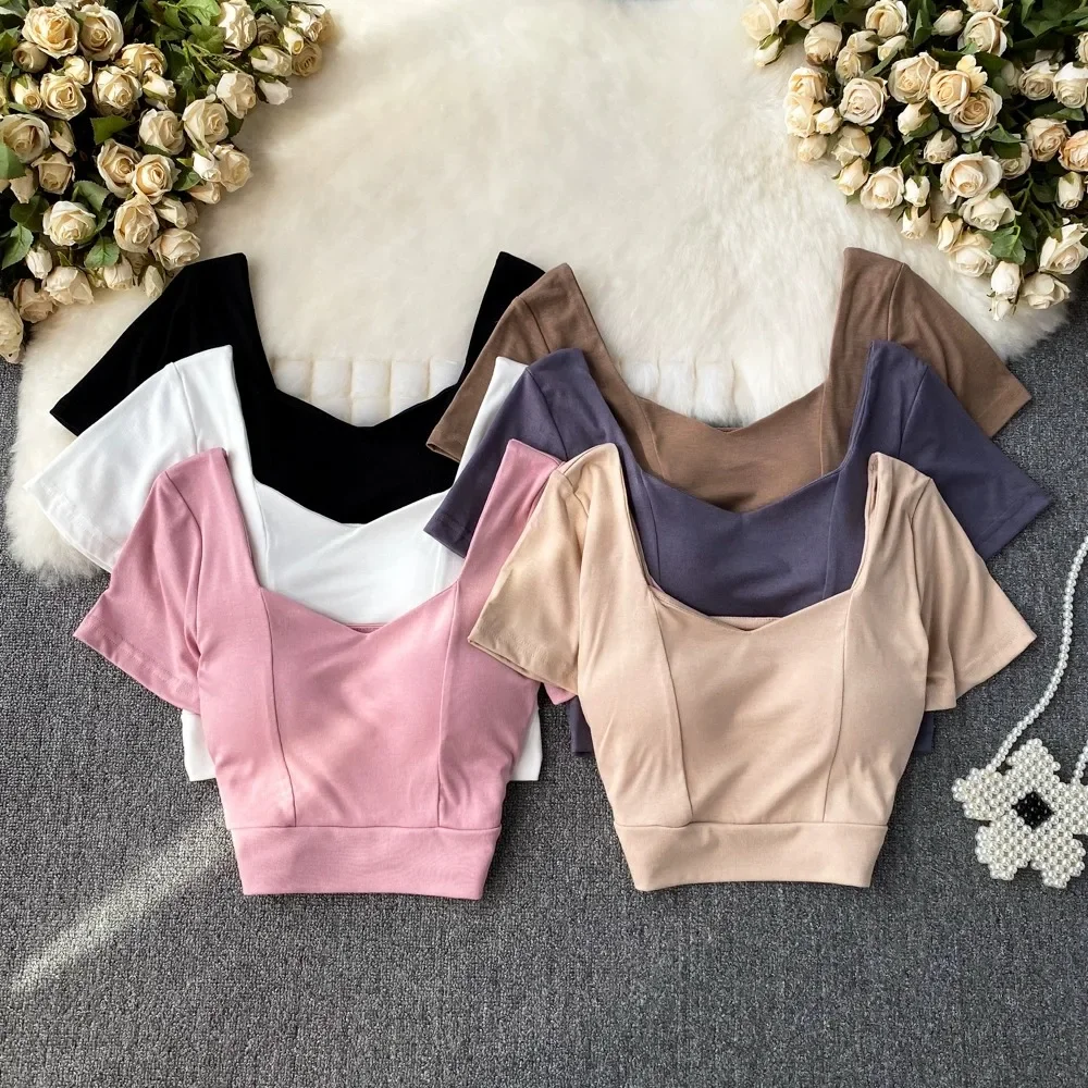 Square Collar Blouse for Women Fashion Build in Bra Bare Midriff Short Sleeve Skinny Blusa Korean Chic Female Tops Dropshipping