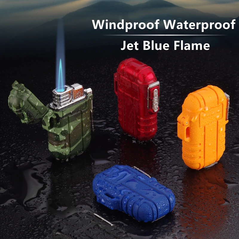 Outdoor Waterproof Lighter with Lanyard Portable Blue Flame Jet Lighter Butane Turbo Cigar Lighter Camping Wading Men\'s Gadgets