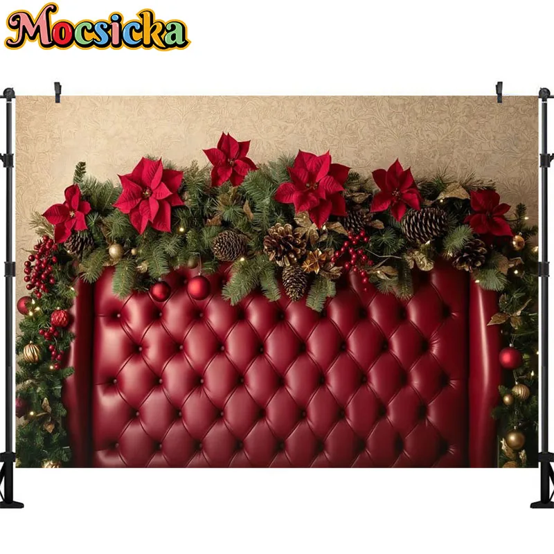 Mocsicka-写真の背景、クリスマスヘッドボード、子供と家族、子供と大人、クリスマスツリー、赤いカーテンの背景