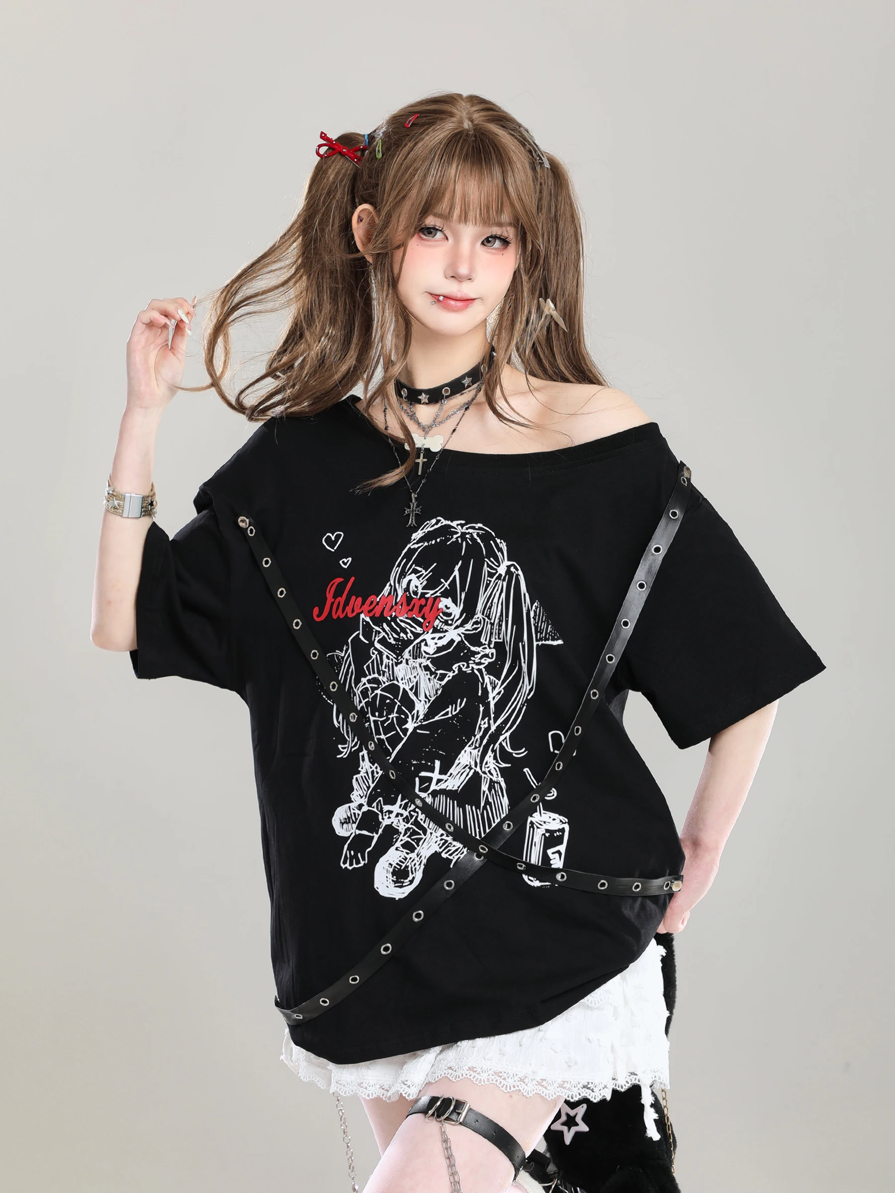 Retro American Spicy Girl Comic Short Sleeve T-Shirt Summer New Loose Shoulder Exposure Half Sleeve Ultra Beautiful Street St...