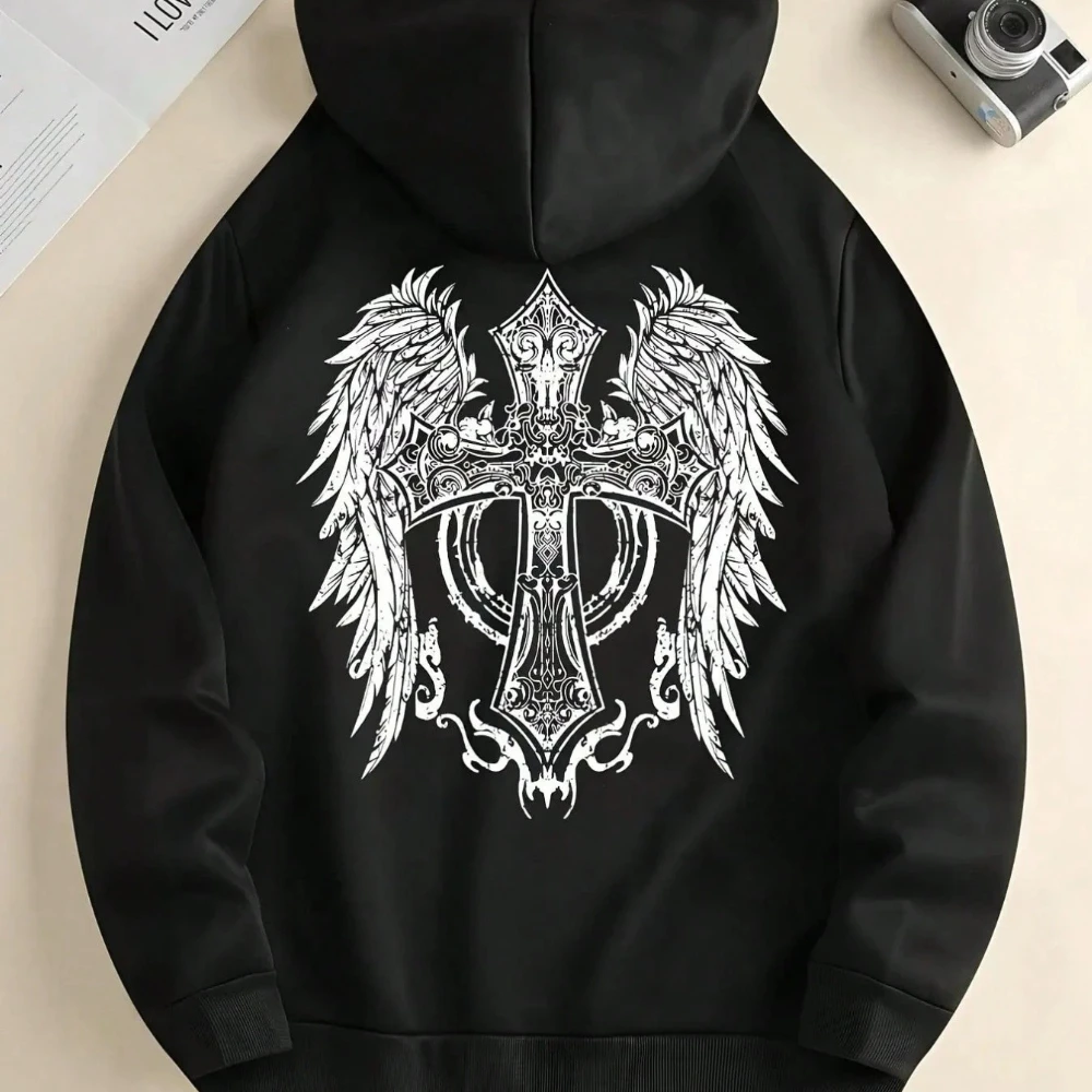 

CLOOCL Gothic style wing cross Printed Hoodie Autumn/Winter Fashion Mens Clothing
