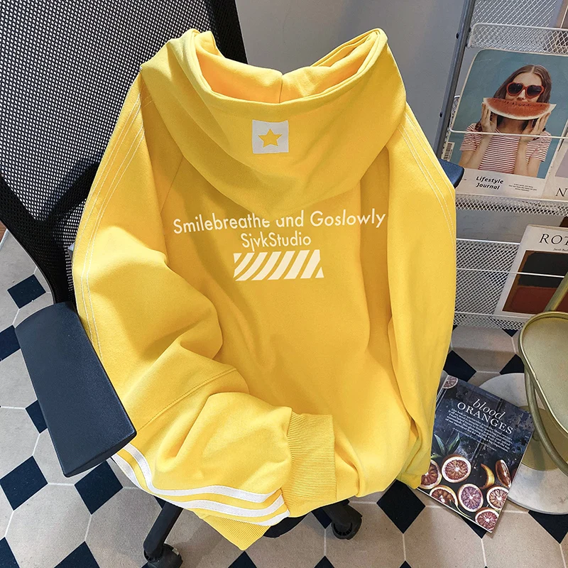 American Trendy Brand Dopamine Yellow Hooded Sweatshirt for Women Spring and Autumn Thin Loose Lazy Style Casual Design Jacket