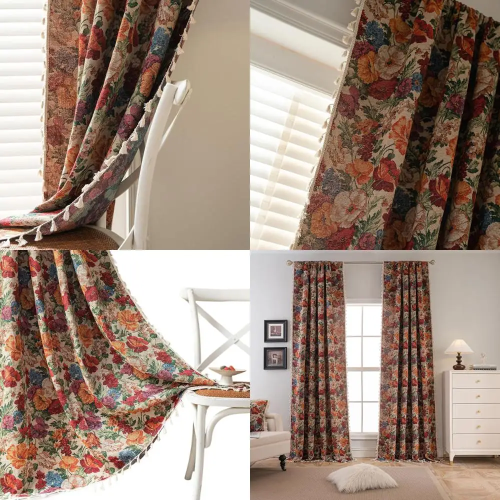 

Semi-Sheer 63 Floral Curtains with Rod Pocket for Bedroom, Farmhouse Style Tassel & Botanical Pattern Drapes for Living Room