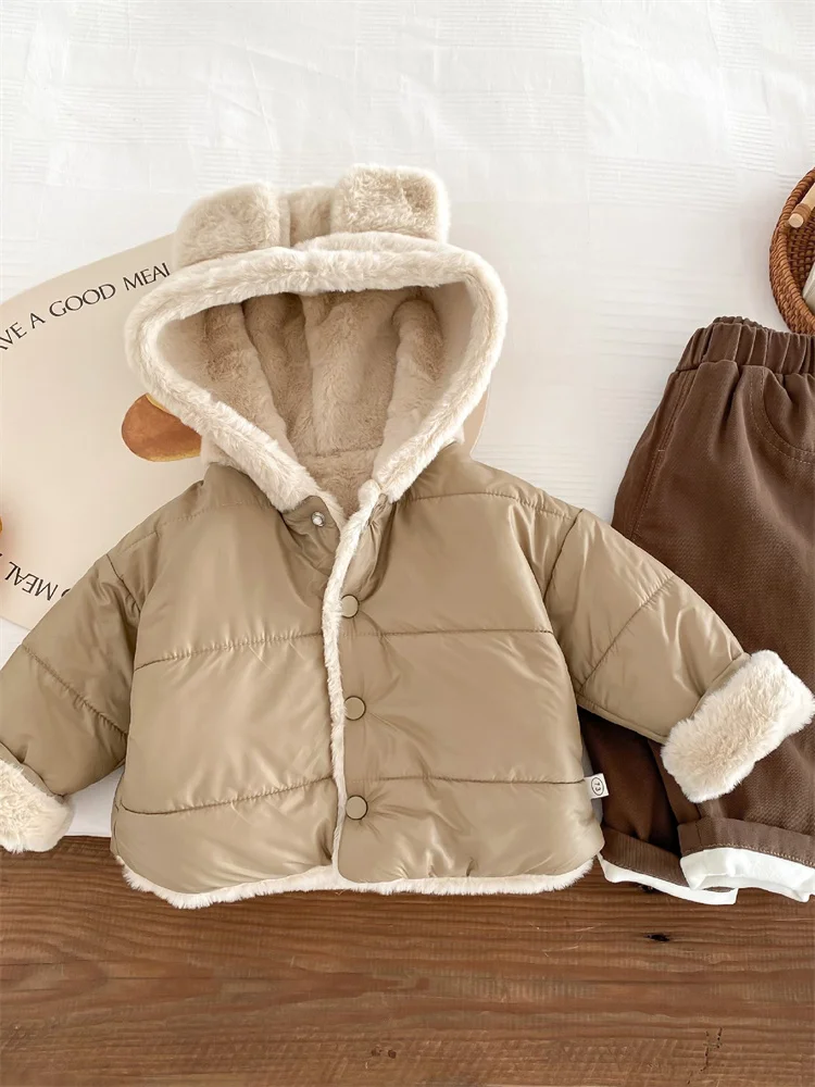 Baby plush coat  winter 2024 cute hooded cotton jacket  Korean thick cotton jacket