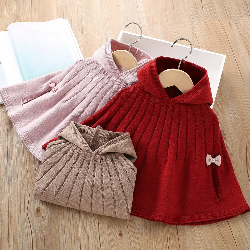 New Autumn Winter Sweet Girls Cloak Tops Bowknot Hooded Sweaters Children’S Clothing Fashion Knitted Cardigan Capes Pullovers