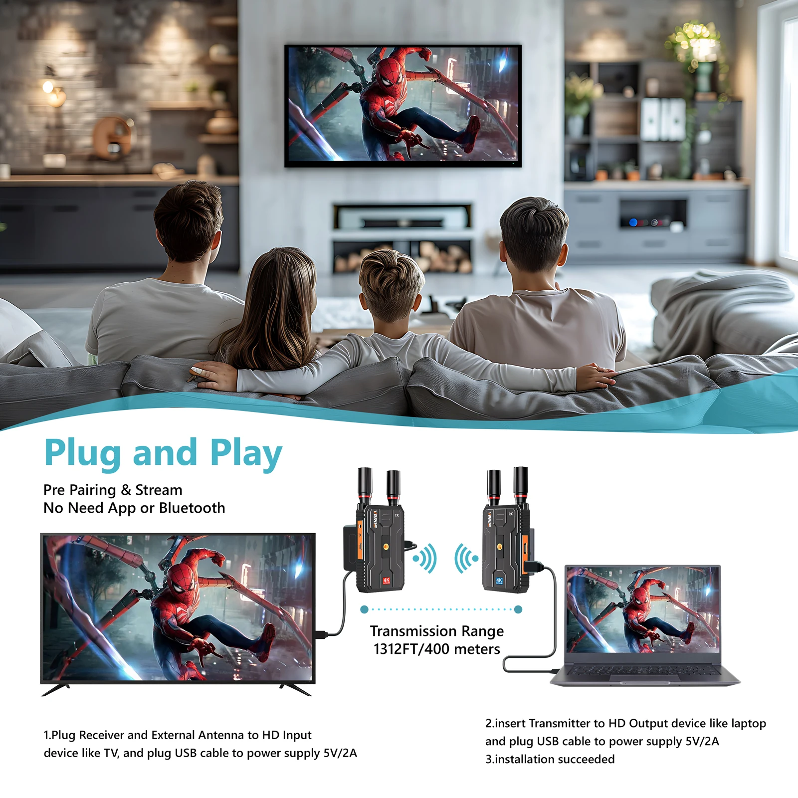 4K Wireless HDMI Extender Kit Video Transmitter and Receiver 400M Transmission For DSLR Camera Laptop to TV Projector Monitor