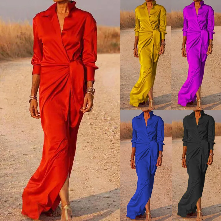 

Lace Up High Waisted Floor Dress Solid Color Casual Long Sleeve Lapel Shirt Long Dress Cardigan Skirt Autumn Women's Clothing