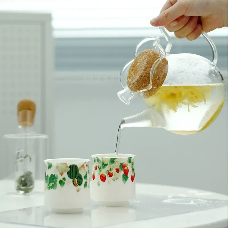 High Borosilicate Glass Tea Set One Pot Two Cups Flower Mouth Design Cold Brew Green Tea Gift Box Boutique Kitchenware