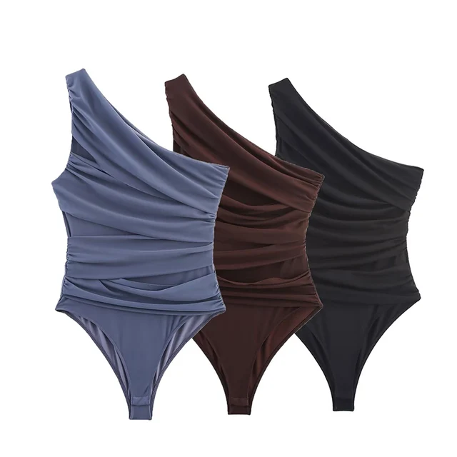 Summer Asymmetric Sleeveless Pleated Silk Mesh Bodysuit Women Single Shoulder Slim Fit Jumpsuit Female Beach Holidays Wear 2026