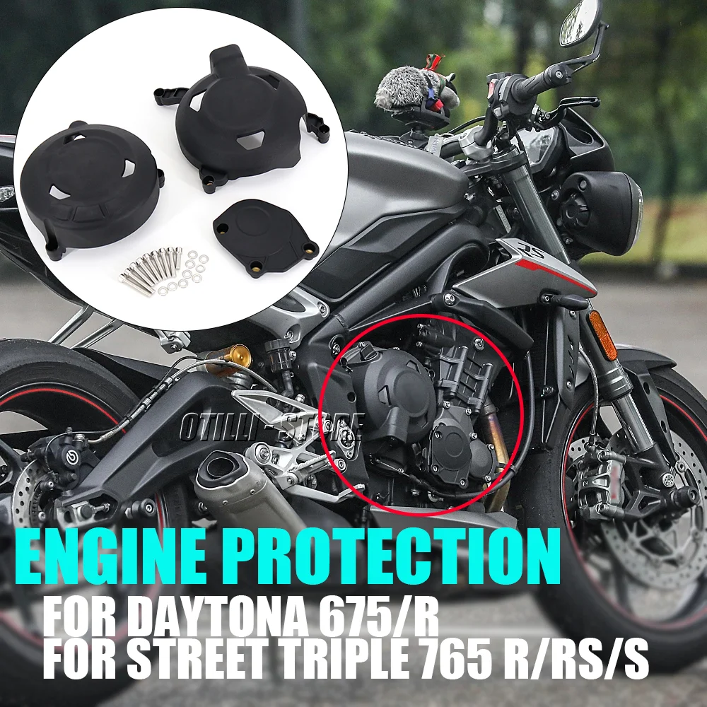 

New Motorcycle Accessories 1 pair Black Engine Secondary Cover Protector Set For DAYTONA 675 R Street Triple 765 RS R S