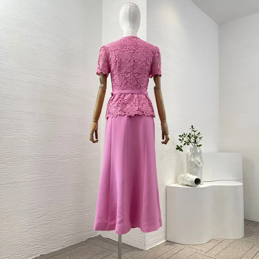 Women's Pink Short Sleeve Lace Elegant Embroidery High Quality High Quality 2024 Square Collar Midi Dresses Holiday