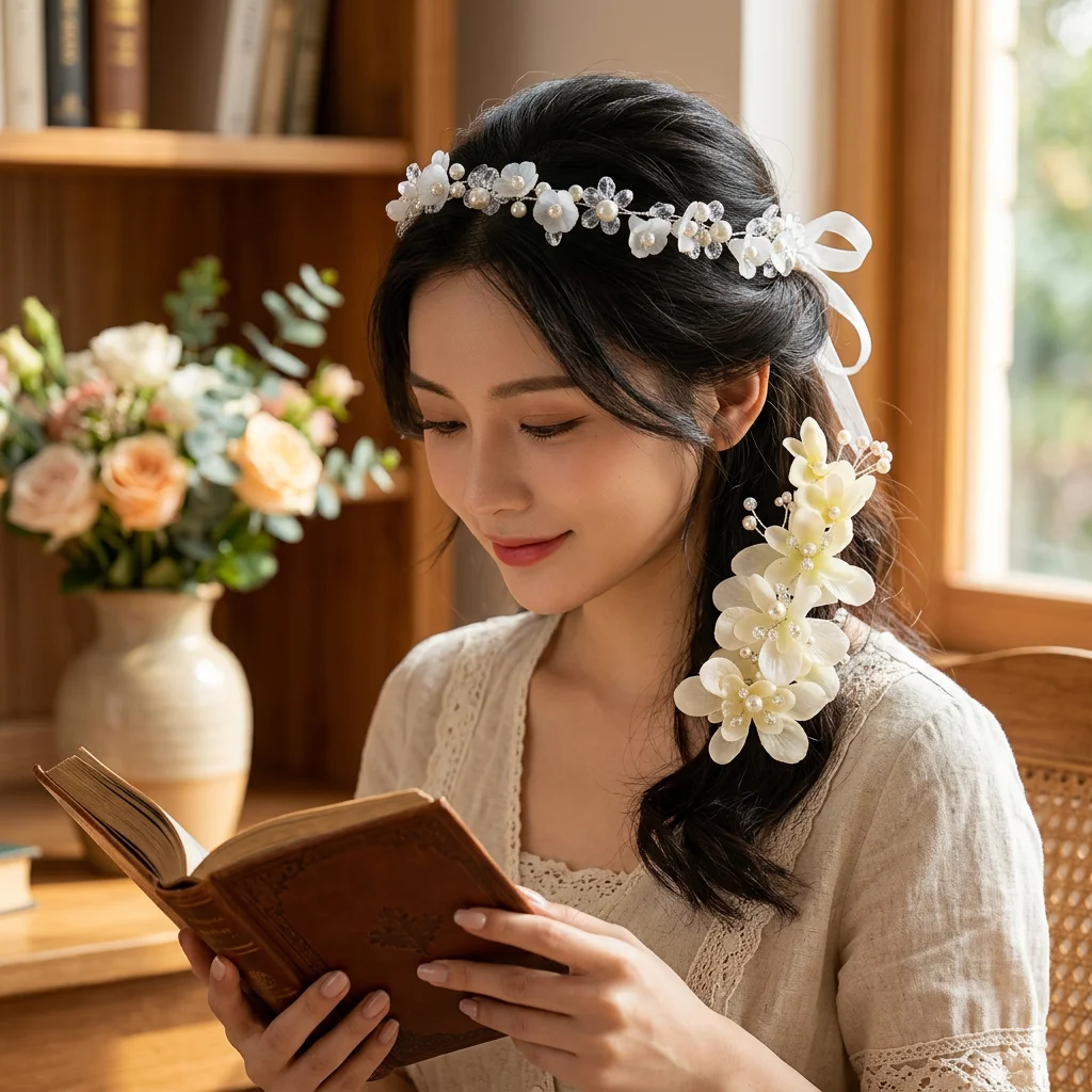 Crystal Flower Hair Accessories Set Rhinestone Lace Bridal Headpiece with Double-Layer Tulle and Elastic Band for Wedding Bride