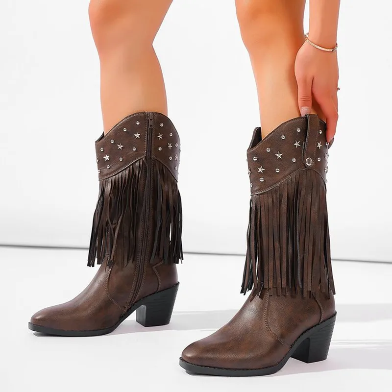 Women Western Cowboy Mid Calf Boots Fashion Block Heel Pointed Toe Star Rivet Tassel Retro Cowgirl Boots for Festival Party Shoe