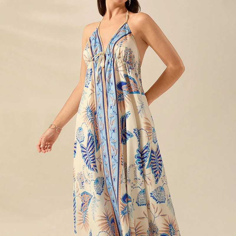 Mode Muster Gedruckt Hosenträger Kleid Sexy Backless Hohl Sommer Lange Kleider Low Cut V-ausschnitt Ärmelloses Plissee Strand Kleid