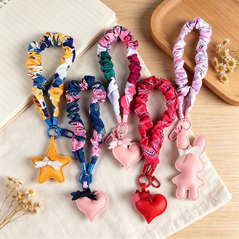 

Leather Star Heart Mobile Phone Lanyard Short Ins Folded Cloth Hair Tie Short Strap Bracelet Outdoor Keychain Rabbit Pendant