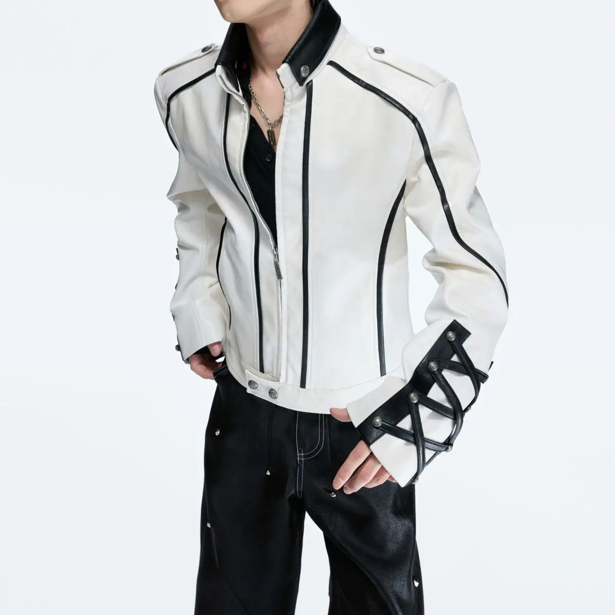Biker Jacket Mens Clothing Coat Deconstructed Color-blocked Stand-up Right-shoulder Leather Jacket Crisscross Strap Design