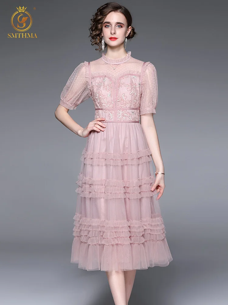 SMTHMA New Fashion Designer Runway Summer Pink Mesh Dress Women's Puff Sleeve Ruffles Vacation Elegant Long Dresses Vestidos