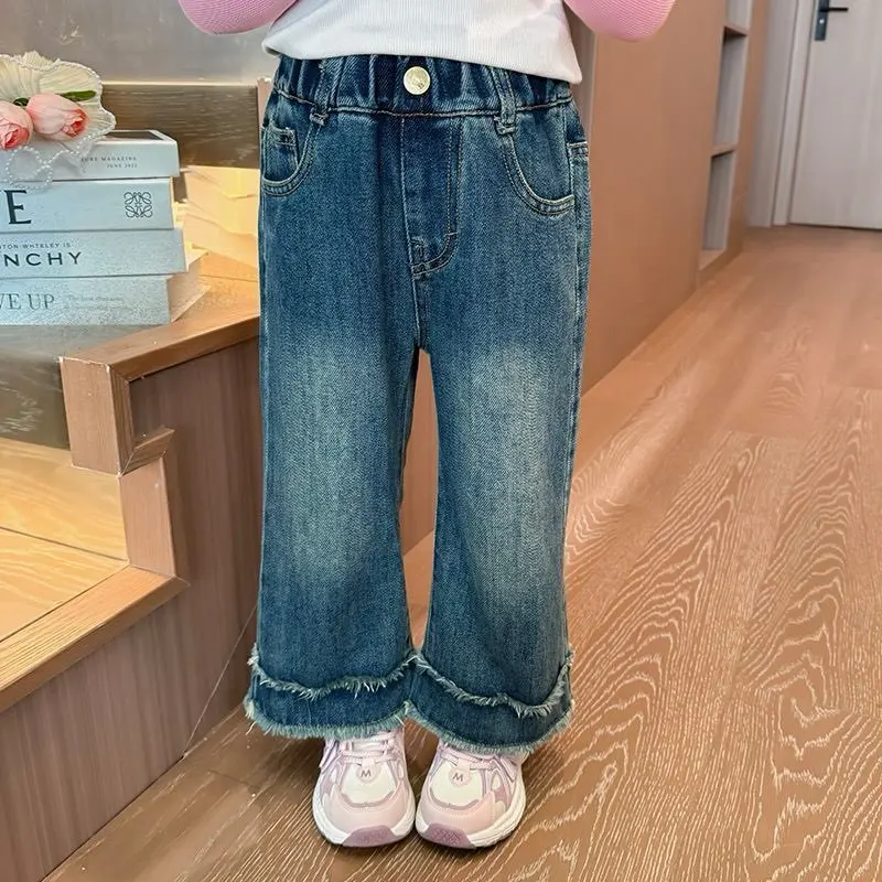 Girls Pants Spring and Autumn Children's Fashion Fringed Casual Wide Leg Pants Straight Leg Jeans