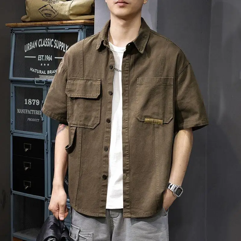 

American Retro Worn-resistant Loose Casual Thin Short-sleeved Shirt Men's Summer Workwear Jacket with Multiple Pockets