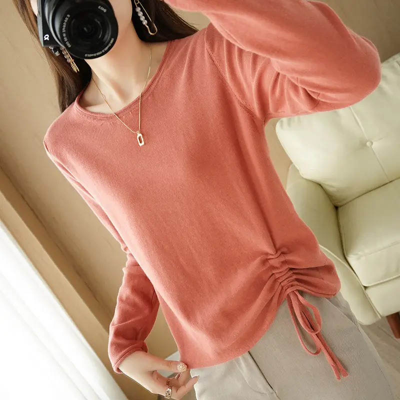 

For Women 2022 Autumn New Round Neck Knitted Long Sleeve Solid Color Pullovers Korean Pleat Loose Undercoat Commute All-match