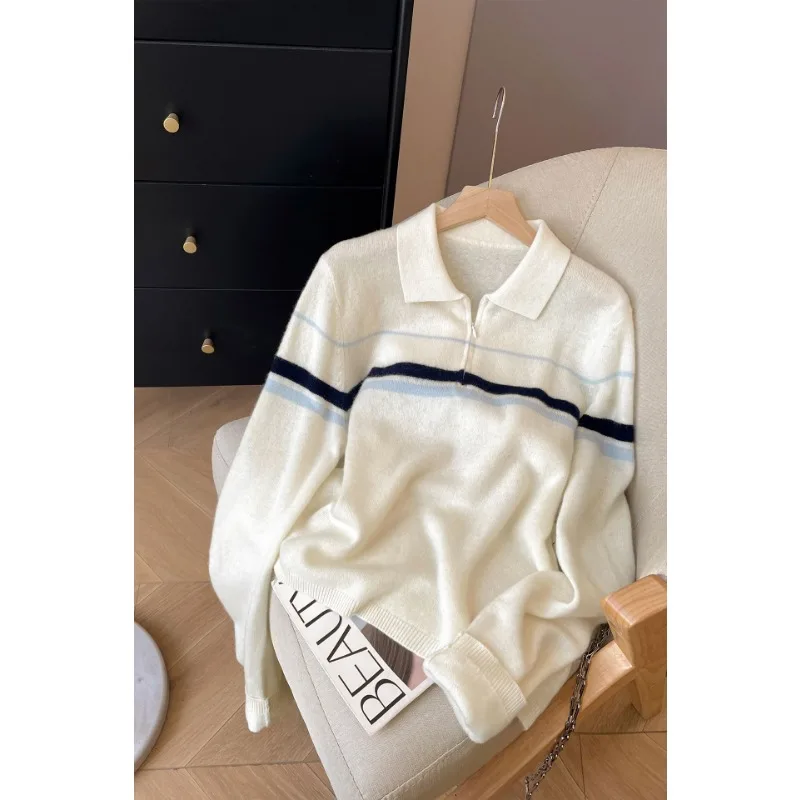 

Polo Collar Sweater Women's Autumn and Winter Striped Contrasting Knitted Top All-match Western Style Bottoming Shirt