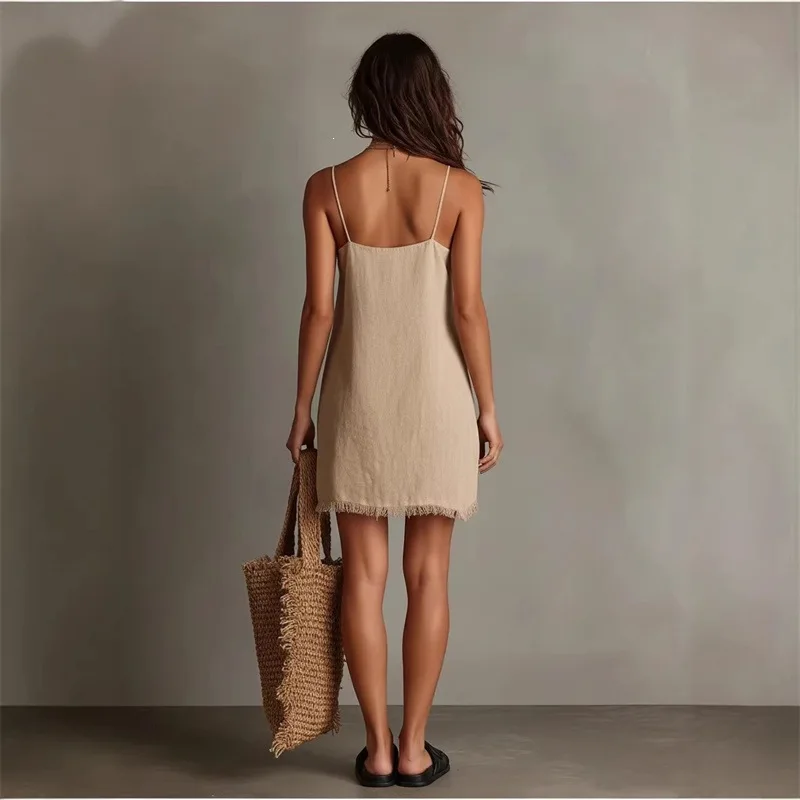 Women Beach V Neck Fringe Trim Cami Mini Dress, Textured Linen Raw Hem Loose Vacation Slip Dress