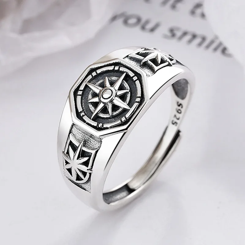 Sterling Silver Retro Magic‑Circle Open Ring, Anime Hip‑Hop Punk Adjustable Statement Jewelry for Daily Wear