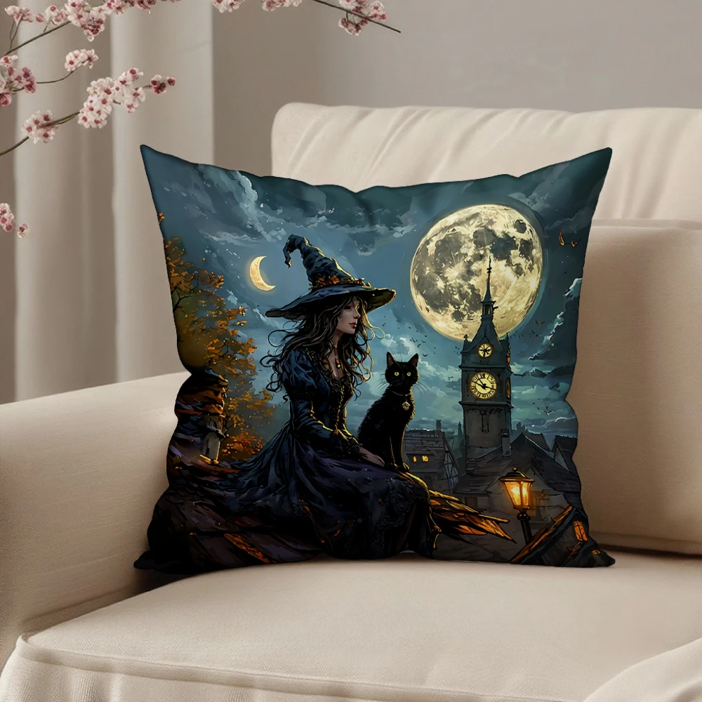 Square Throw Pillow Case Multicolor Witch And Black Cat Under Full Moon With Clock Tower Print For Halloween Home Sofa Bedroom D