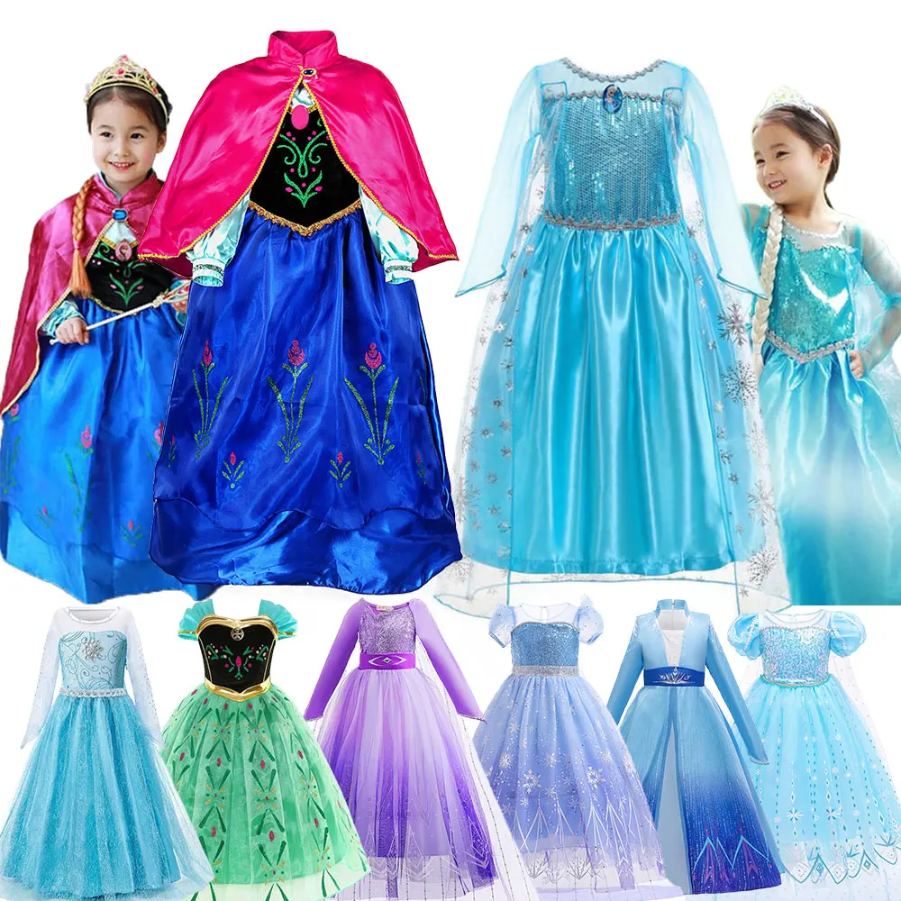 Disney-Elsa e Anna vestido cosplay para meninas, congelado, traje de princesa, rainha da neve, criança, roupa de carnaval, festa de aniversário de 2 a 10 anos