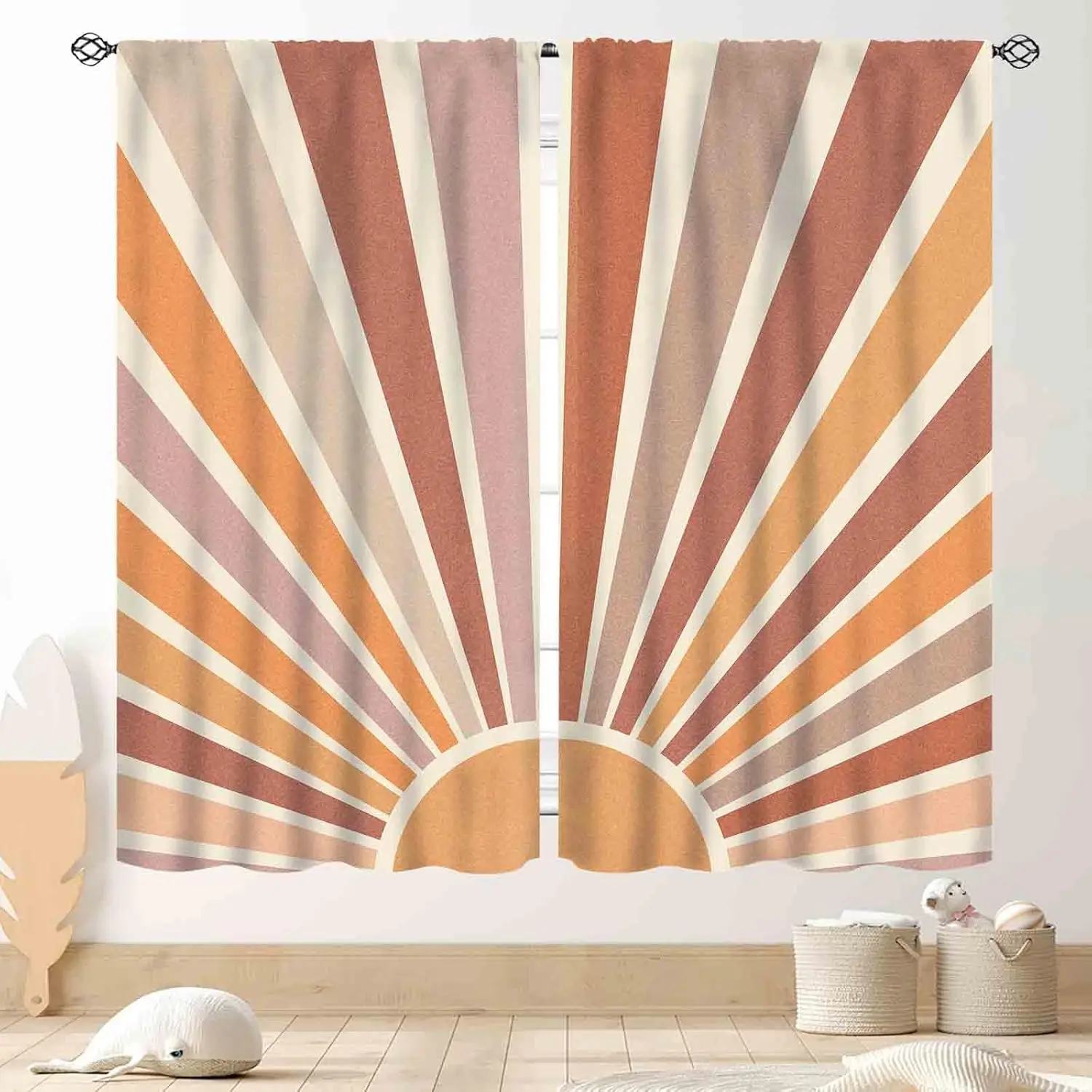 Boho Sun Curtains, Mid Century Abstract Pastel Sunrise Sunset Modern Geometric Minimalist Art Print 70s Orange Window Drapery
