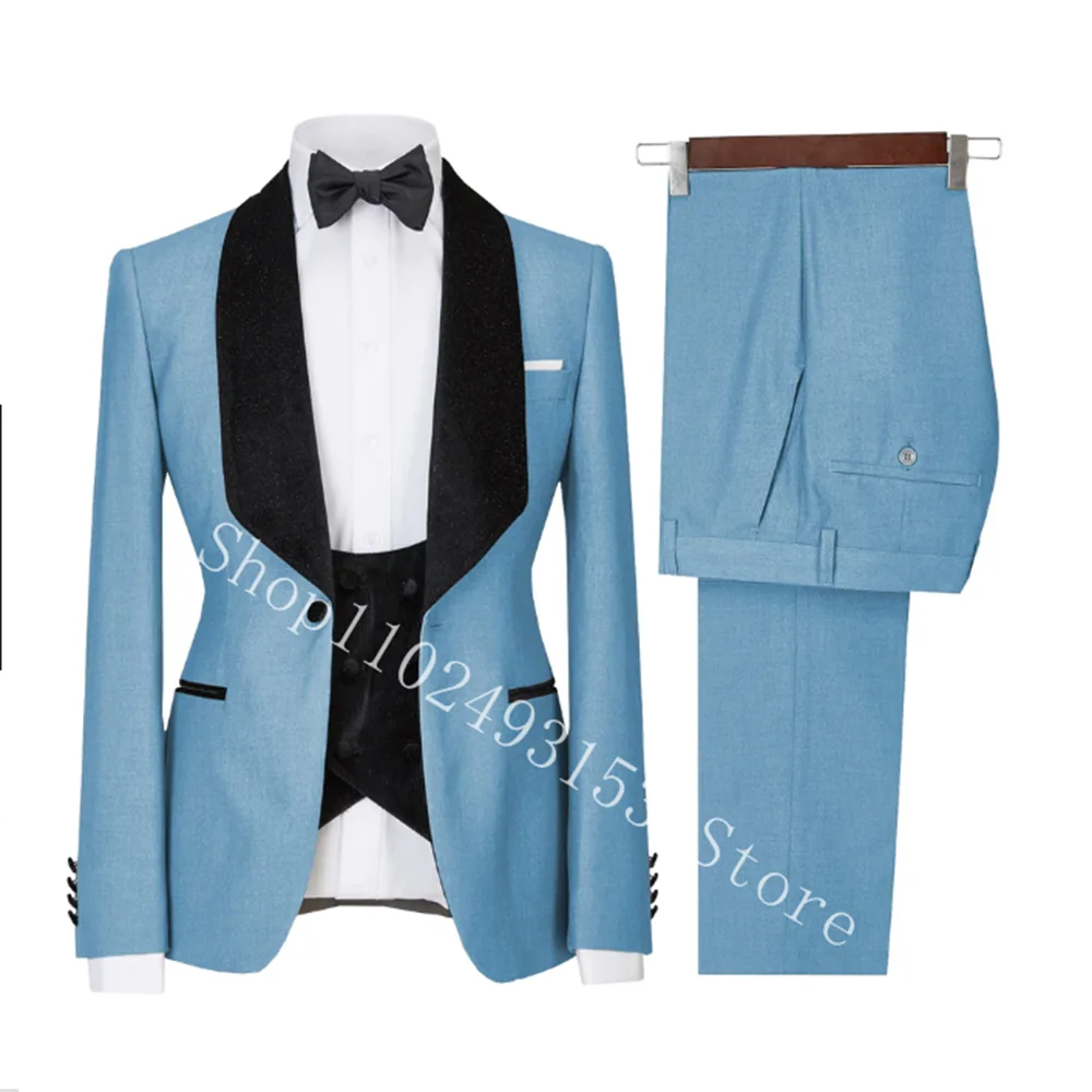 

Sky Blue Suit Men's Wedding Tuxedos 3 Piece Slim Fit Groom Best Men Jacket Vest Pants Formal Tailor-made Suits Costume Homme