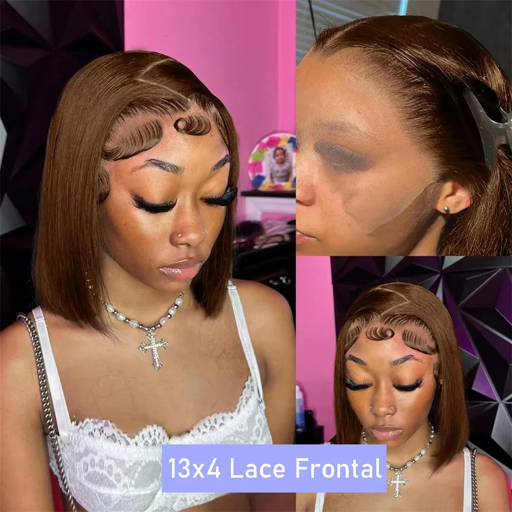 # 4 em linha reta bob peruca de cabelo humano 13x4 laço frontal em linha reta bob peruca chocolate marrom pré arrancado bob perucas para mulher 14 polegadas
